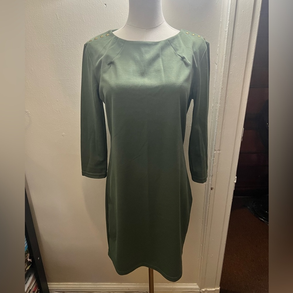 NWOT Oodji Olive Green Long-Sleeve Shift Dress with Shoulder Detail Size L